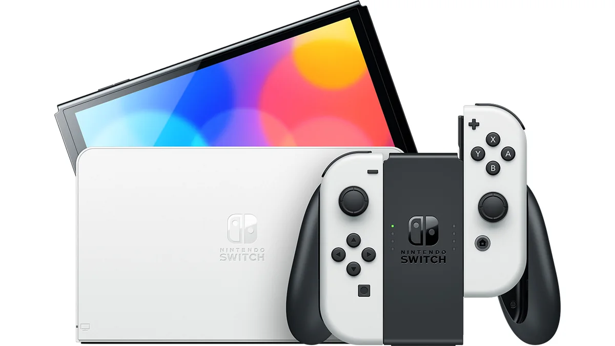 Nintendo Switch OLED Blanca — consola con base y Joy-Con blancos